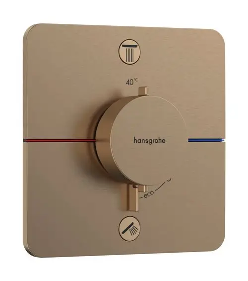 Hansgrohe Thermostat in gebürstetem Bronze mit roter und blauer Markierung.
